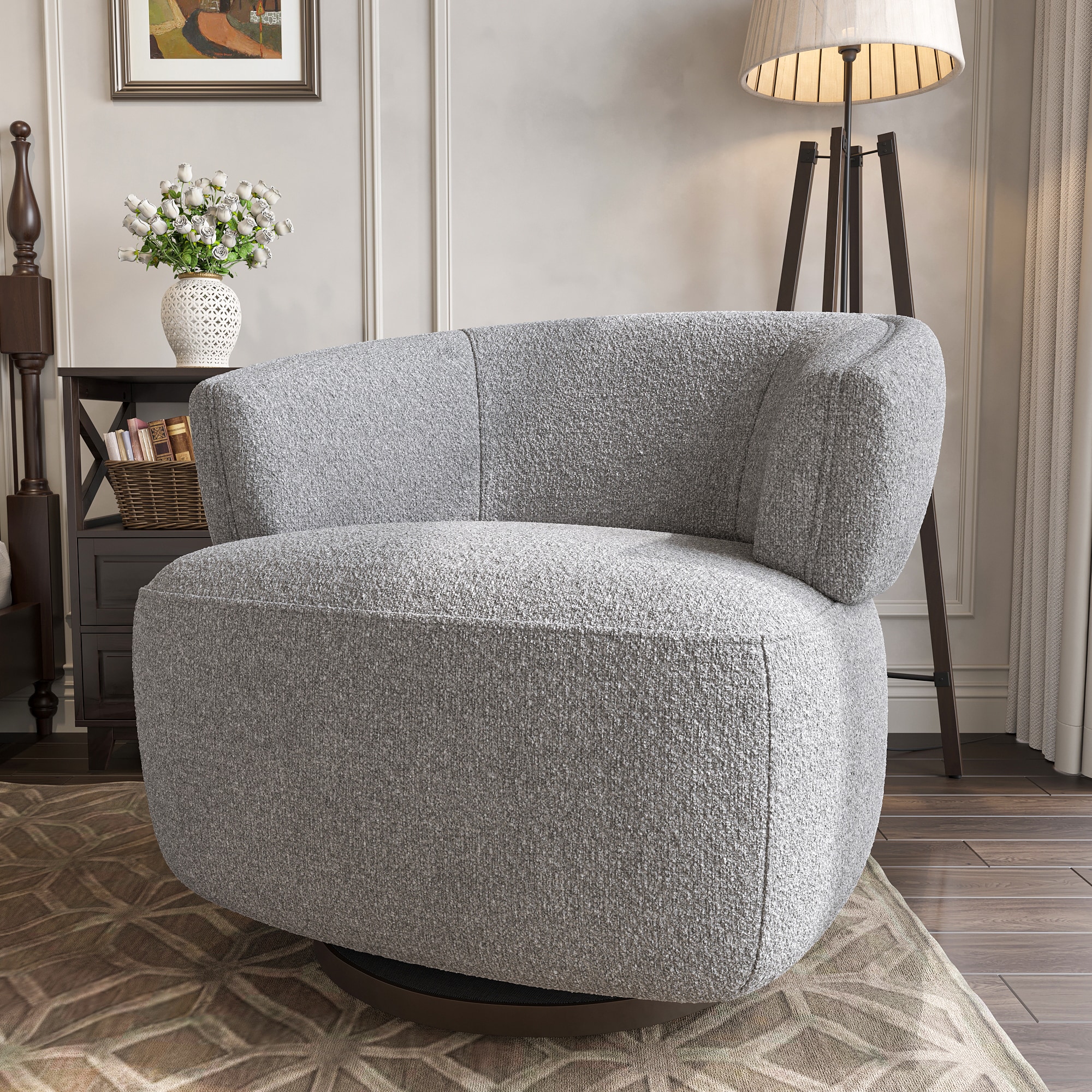 Modern Round Swivel Armchair With Solid Wood Frame In Grey_voghion.com